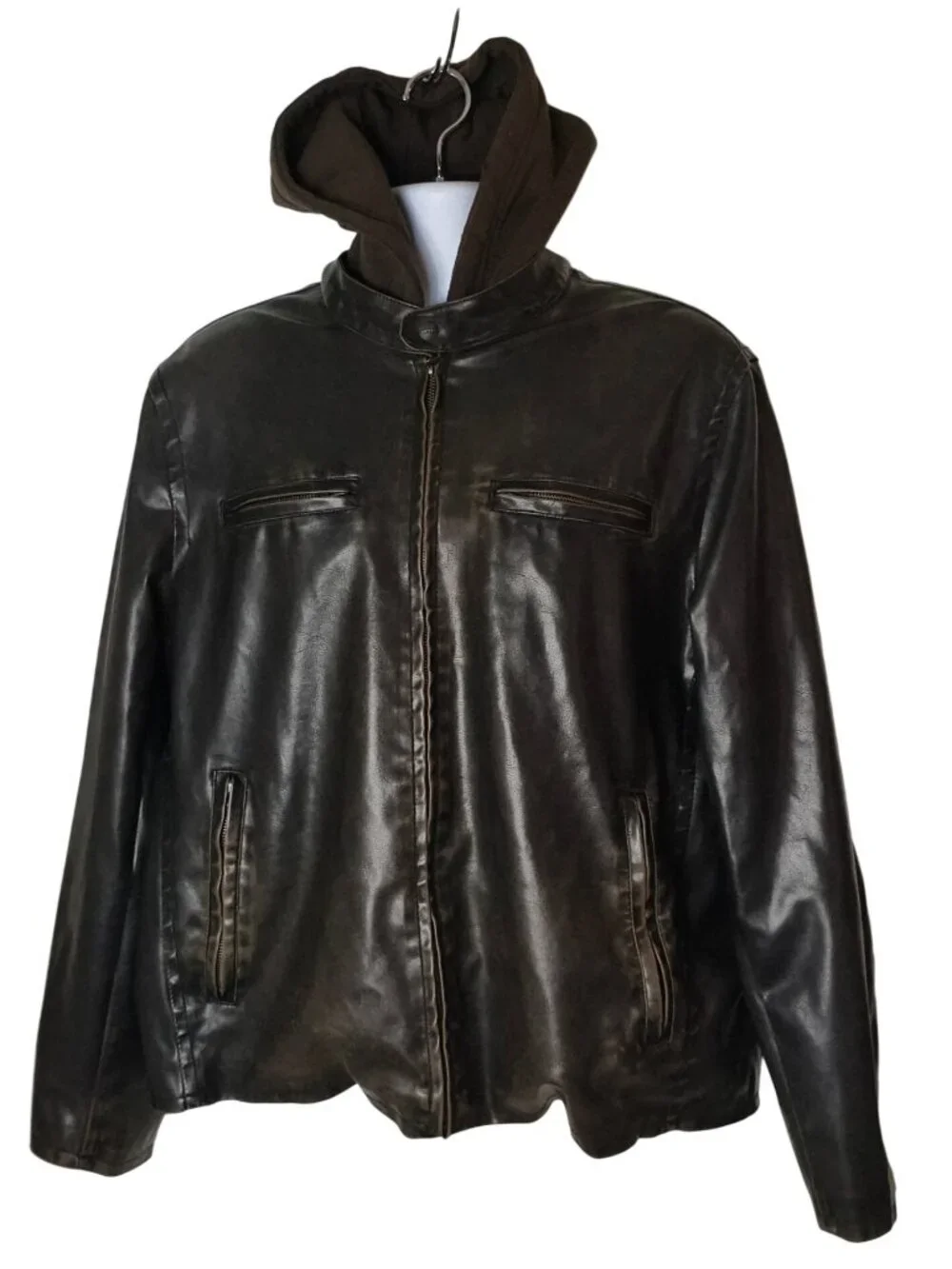 Vtg Levis Mens L Moto Coat Distressed Hooded Brown Leather Fleece Lined Jacket